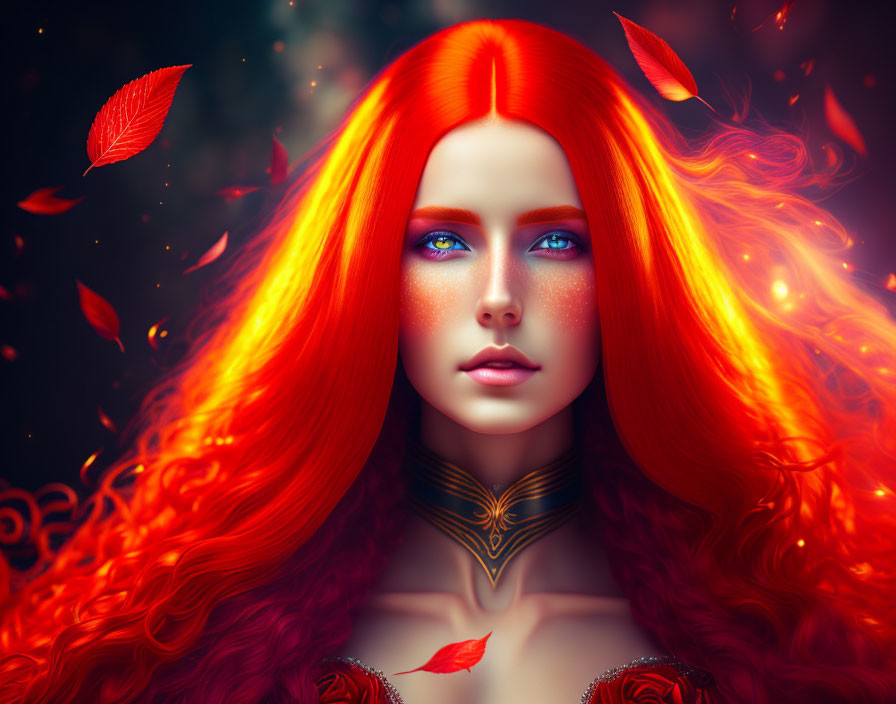 Digital illustration: Woman with red hair and blue eyes in mystical setting