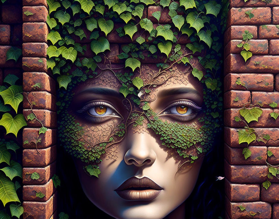 Woman's face merges with nature, vines on skin against brick wall.