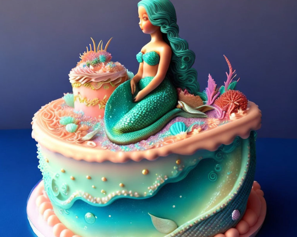 Mermaid-themed decorative cake with teal hair and sea embellishments