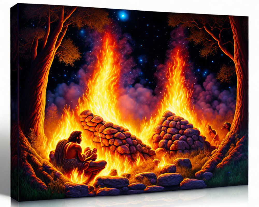 Mythical forest scene with bonfires and person under starry sky