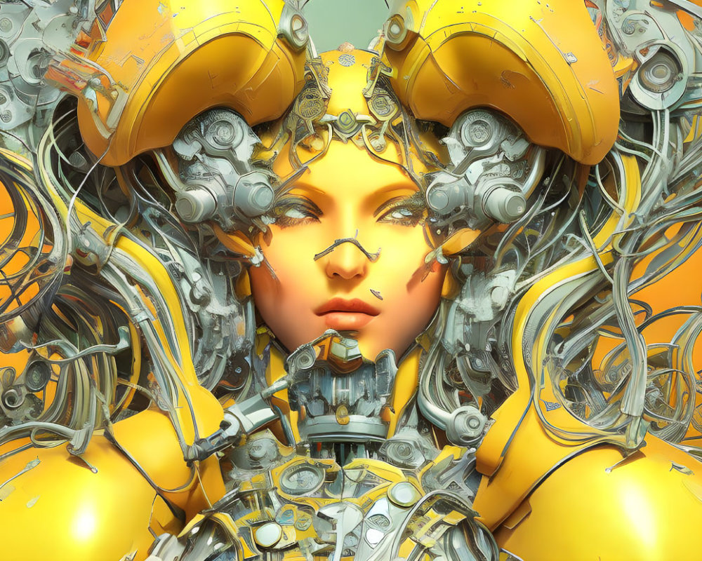 Futuristic female android with yellow and gray mechanical headdress on orange backdrop