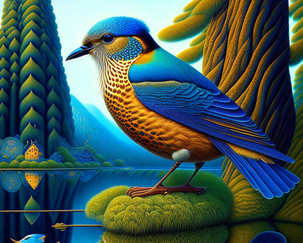 Colorful Illustration of Blue and Orange Bird in Nature Scene