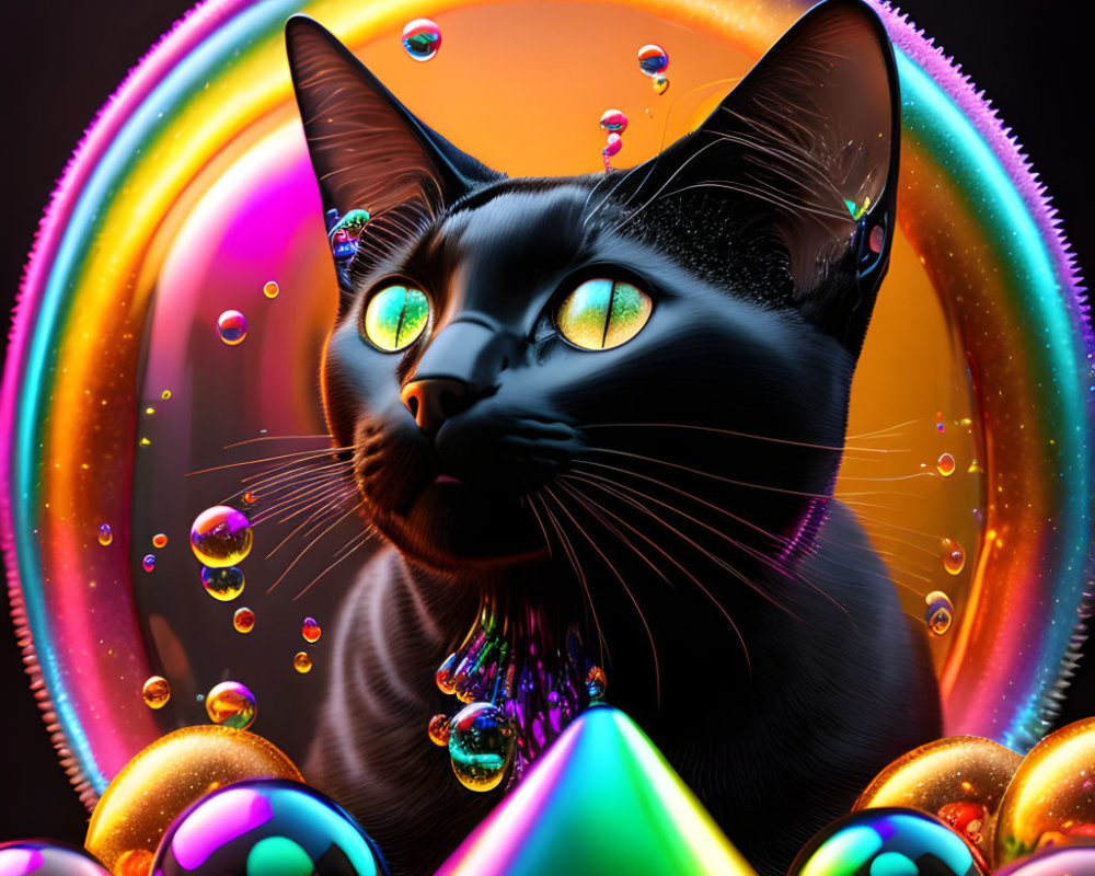 Digital Artwork: Black Cat with Green Eyes in Colorful Iridescent Scene