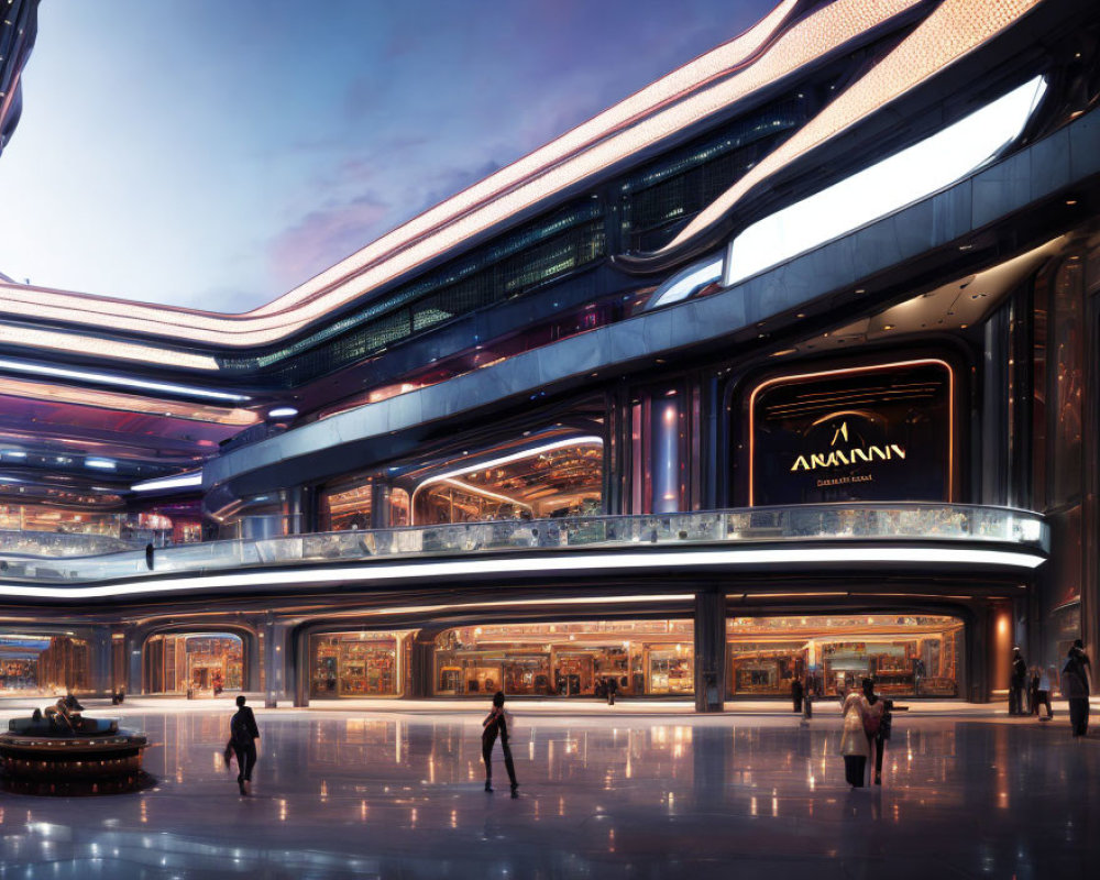 Modern shopping mall with illuminated levels and sleek design, featuring ANAMN store.