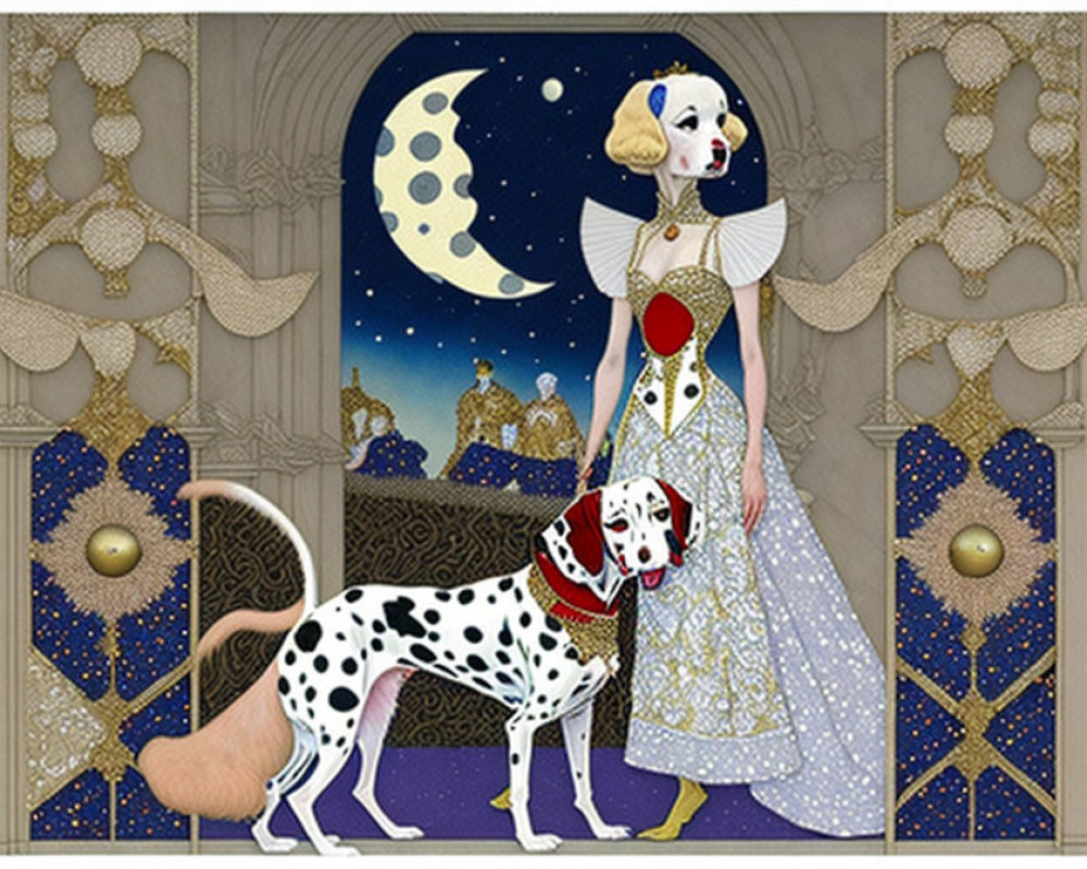 Stylized woman and Dalmatian in ornate moonlit room