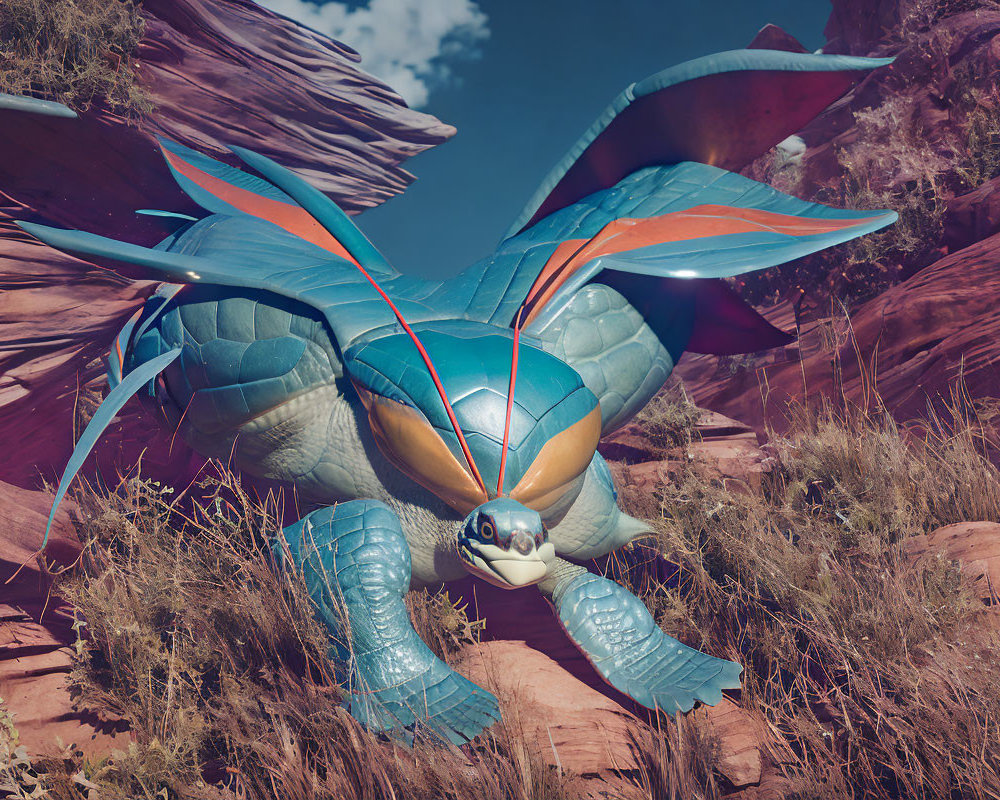 Fantastical winged turtle digital art in vibrant blue and orange hues