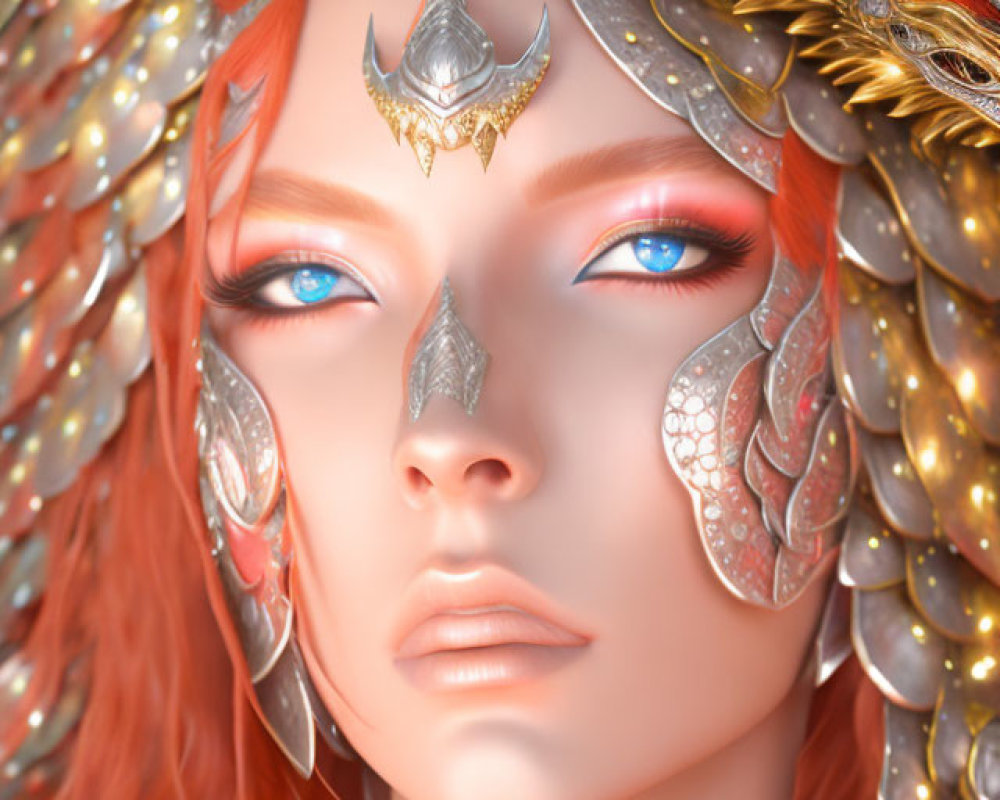 Illustration of female figure with blue eyes, red hair, and golden scale-like armor