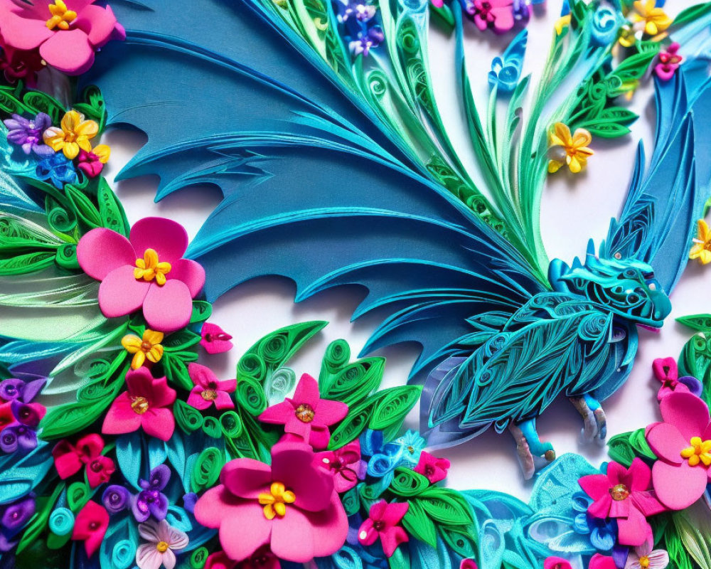 Detailed Blue Dragon Paper Art with Quilled Flowers and Foliage