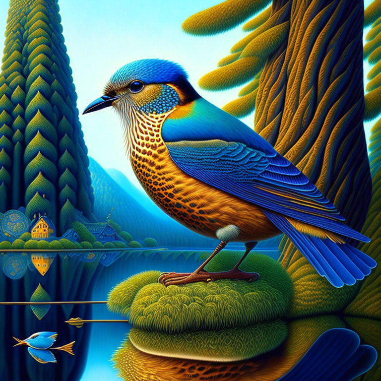 Colorful Illustration of Blue and Orange Bird in Nature Scene