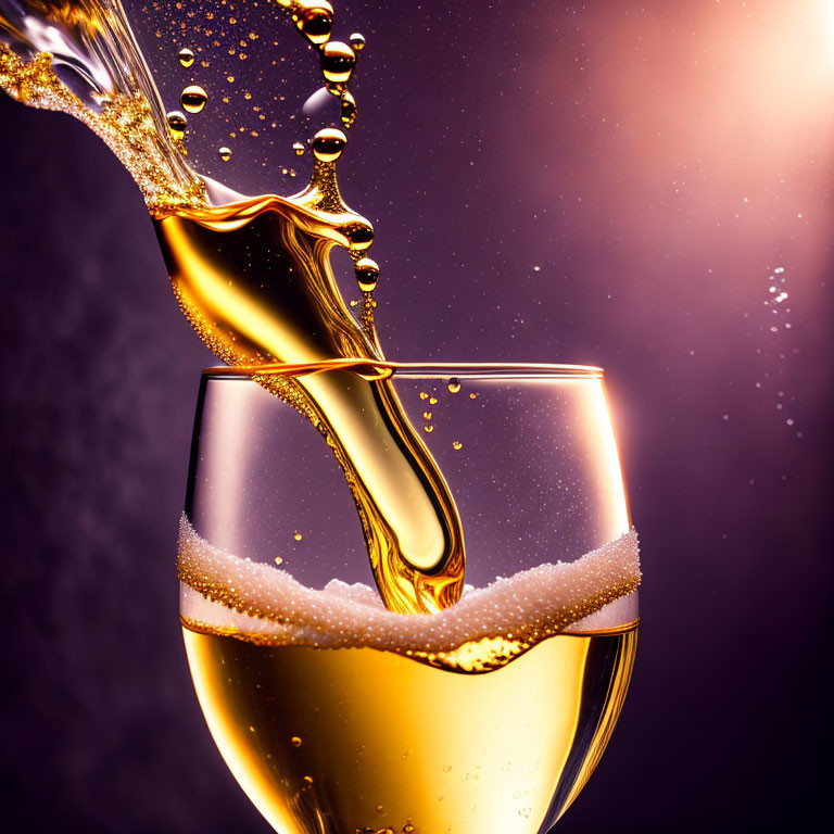 Shimmering golden liquid splash in wine glass on dark background