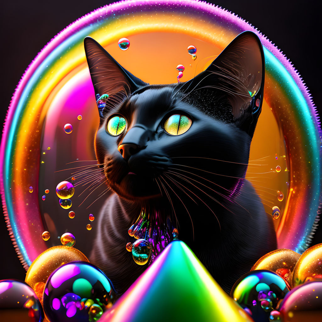 Digital Artwork: Black Cat with Green Eyes in Colorful Iridescent Scene