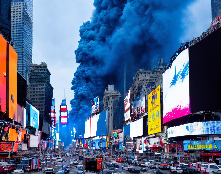 City street with bright billboards under blue sky and rising black smoke