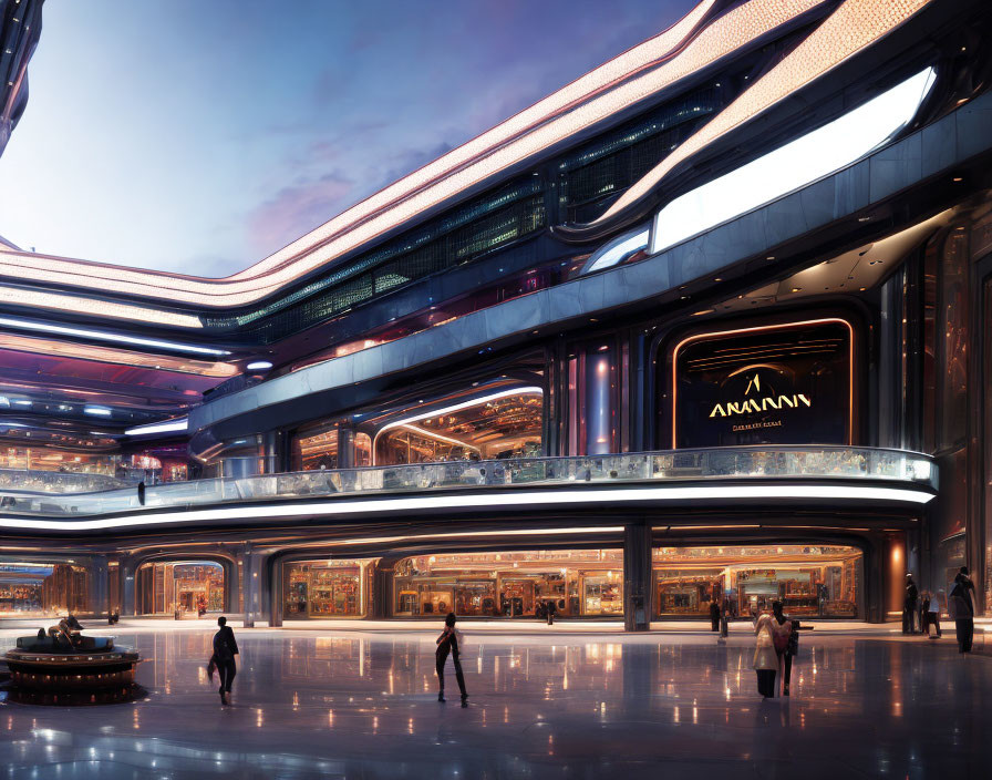 Modern shopping mall with illuminated levels and sleek design, featuring ANAMN store.