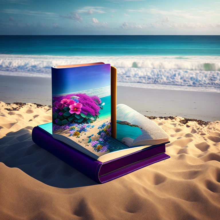 Vibrant ocean scene and flowers on open book at sandy beach