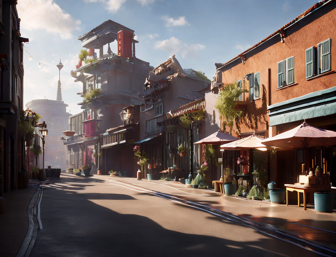 Sunlit Street Scene with Mixed Architecture and Outdoor Seating