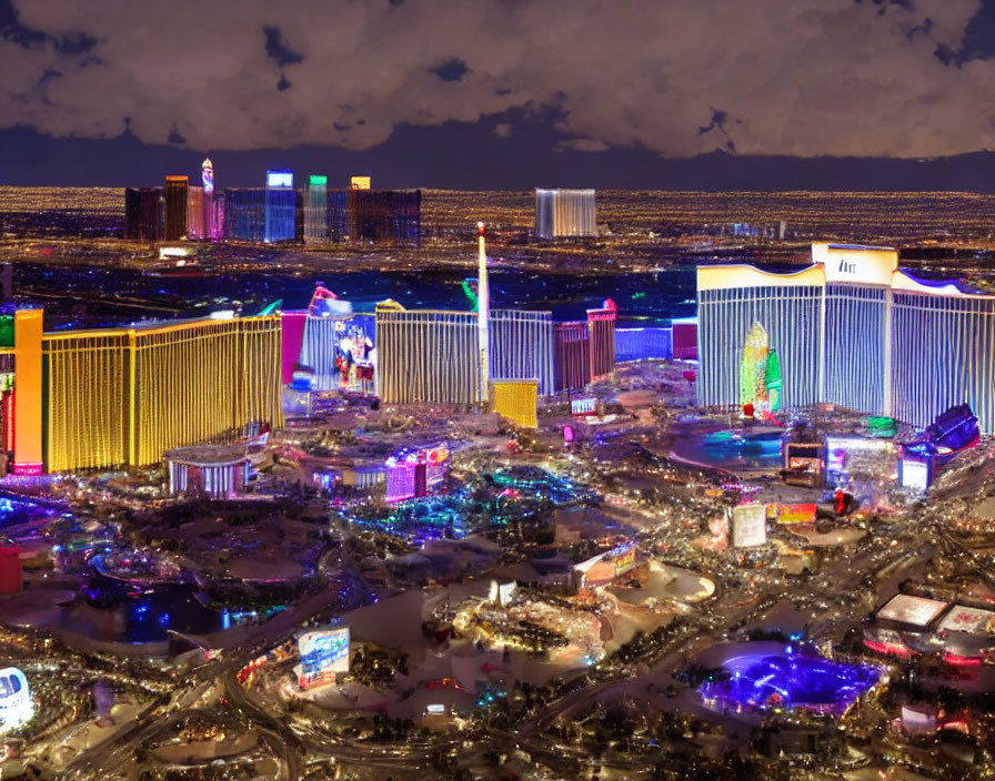 Brightly Lit Las Vegas Strip at Night: Aerial View