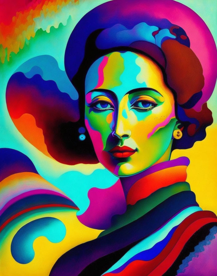 Colorful portrait of a woman with abstract patterns and bright hues