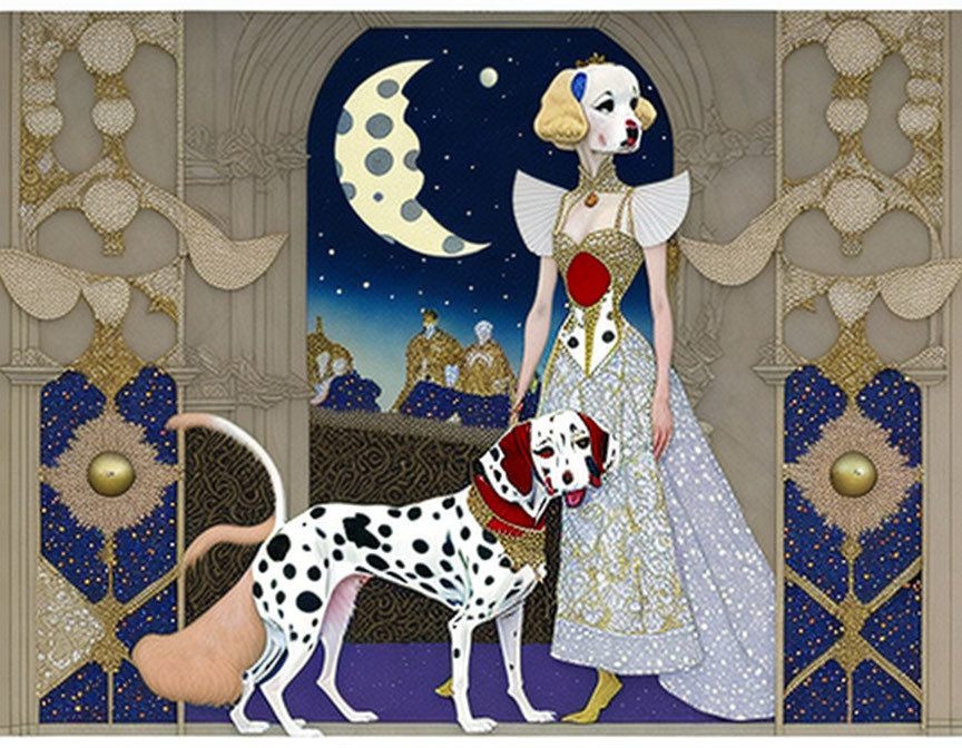 Stylized woman and Dalmatian in ornate moonlit room