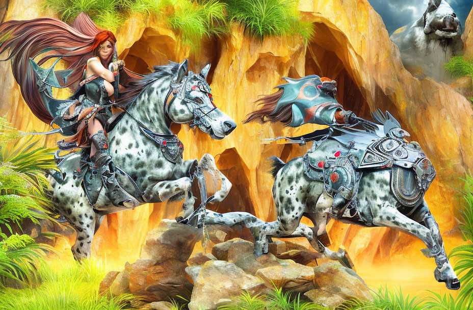 Red-haired warrior woman on armored horse in rocky landscape with second horse