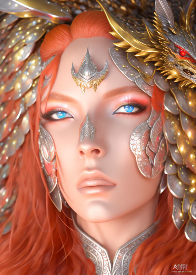 Illustration of female figure with blue eyes, red hair, and golden scale-like armor