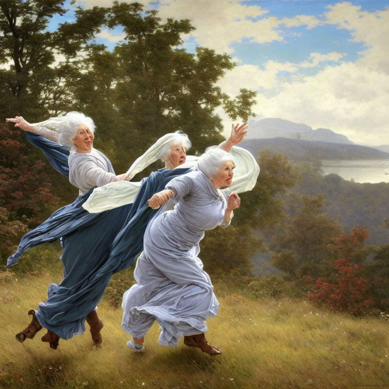 Elderly Women Dancing in Traditional Dress Outdoors