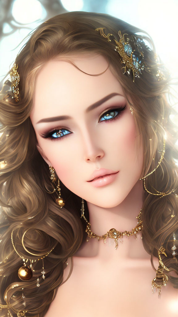 Digital Artwork: Woman with Detailed Blue Eyes and Wavy Brown Hair