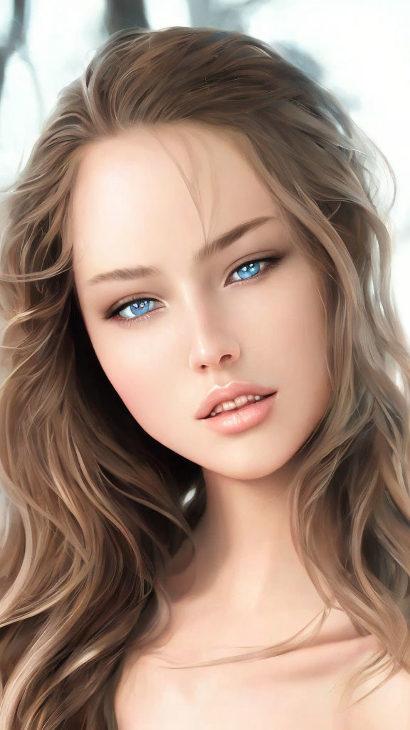 Detailed digital portrait of a young woman with wavy brown hair and blue eyes