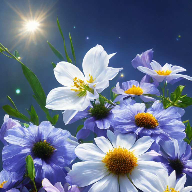 Bright blue and white flowers under radiant sun in blue sky