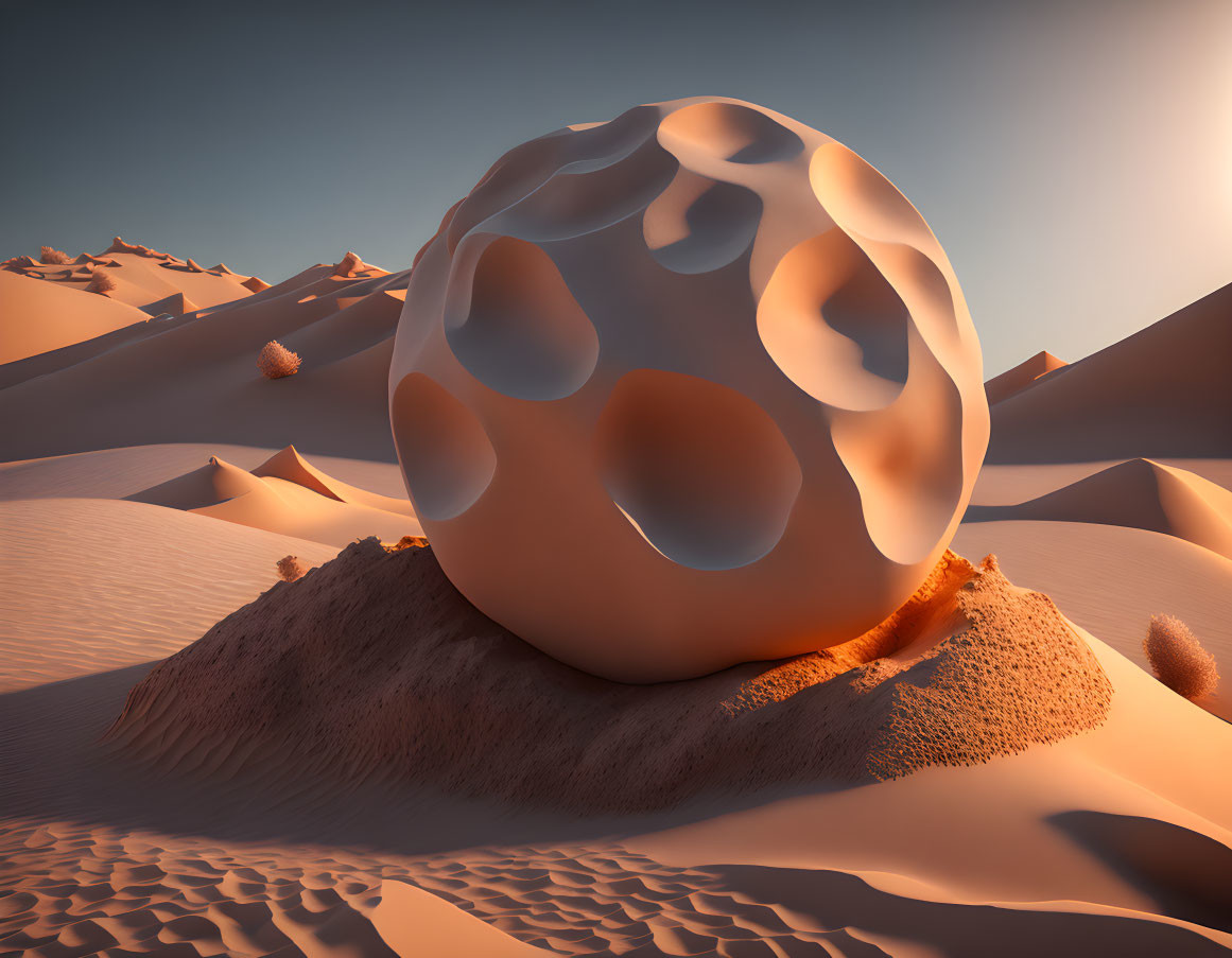 Surreal perforated sphere in sand dunes under clear sky