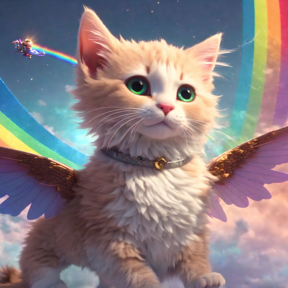 Cream-colored winged cat with collar and bell in whimsical scene.