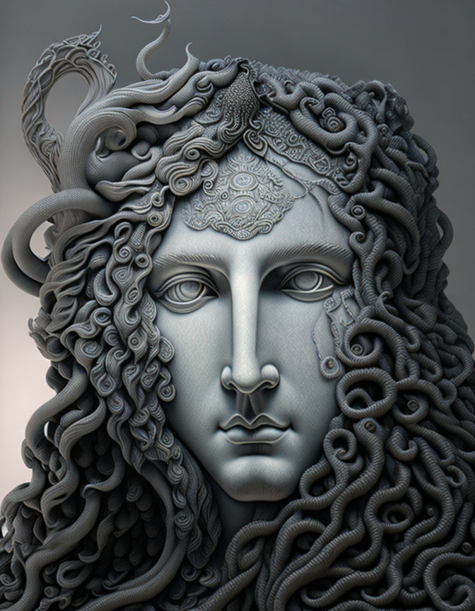 Intricately detailed monochromatic female figure sculpture with serpentine hair.