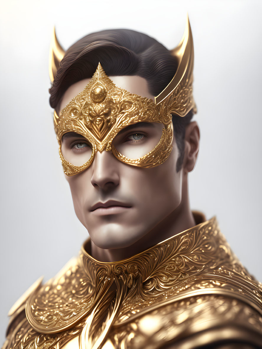 Sculpted face man in golden mask and ornate armor