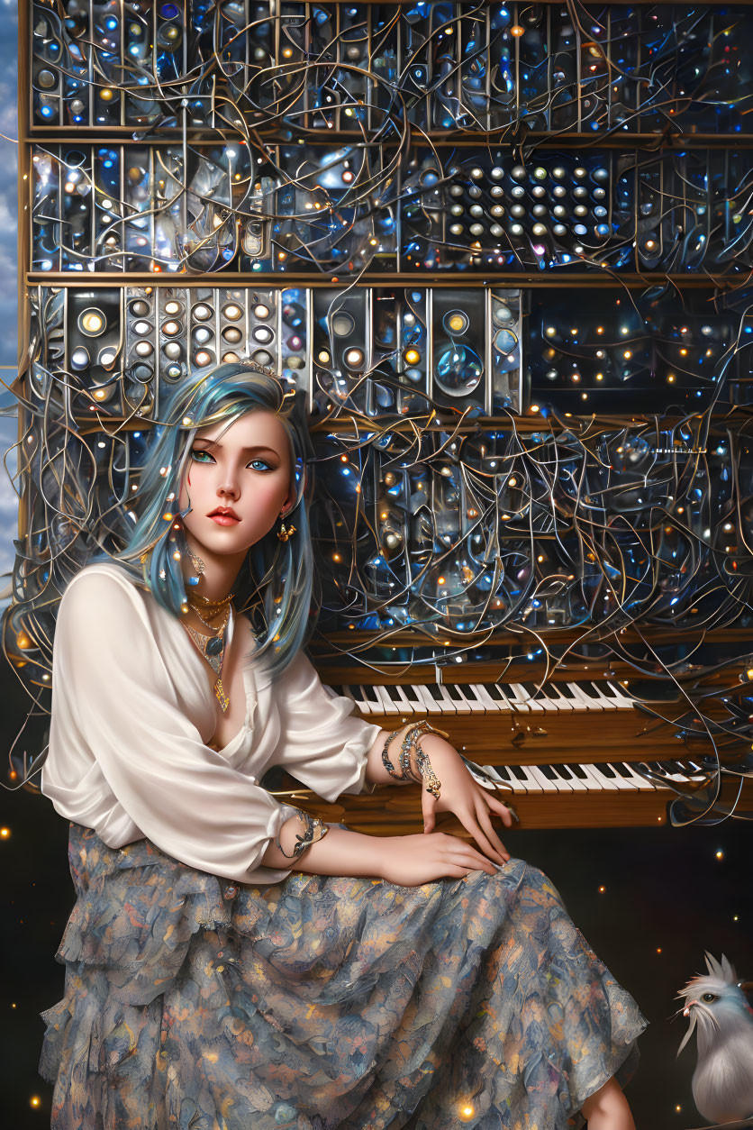 Digital artwork: Woman with blue hair at futuristic piano with glowing elements and white bird