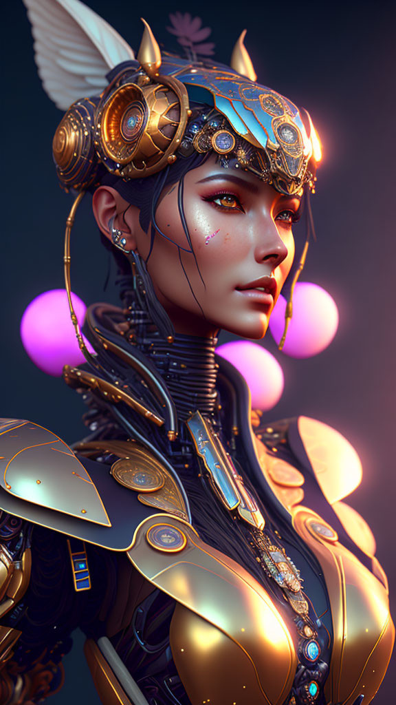 Digital artwork: Woman in golden armor with owl helmet on pink lights background