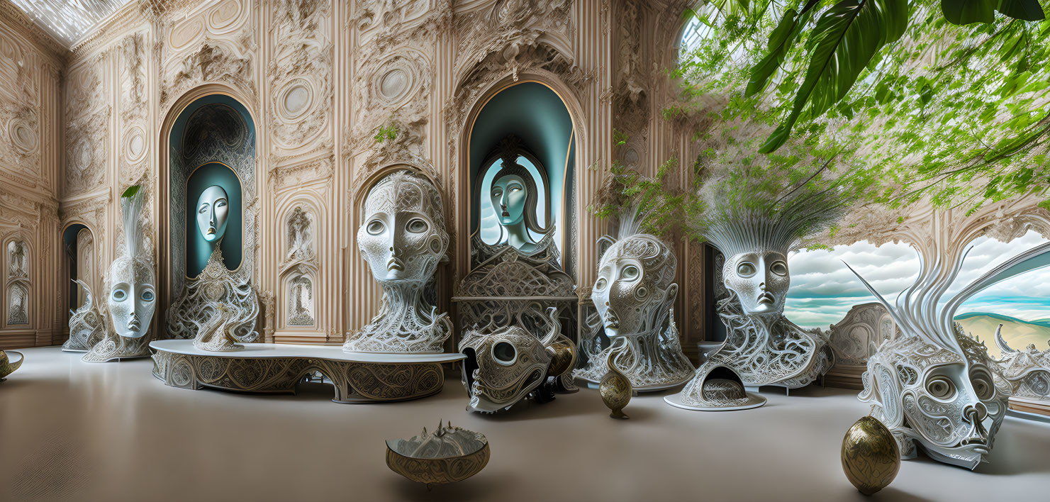 Intricate surreal interior with futuristic masks, ornate walls, portraits, greenery, and ocean