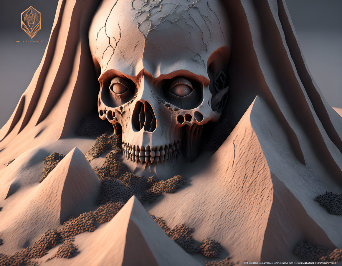 Stylized skull in desert sand with intricate patterns