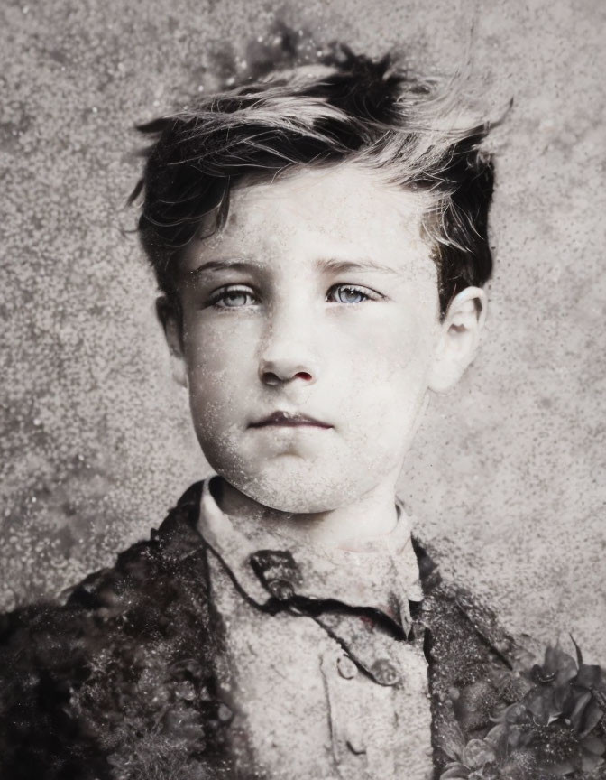 Sepia-toned vintage portrait of a young boy with tousled hair and intense gaze