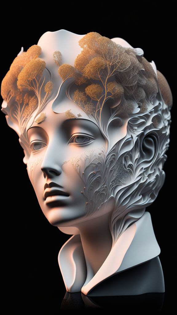 Surreal monochromatic human bust with tree branch brain and intricate leaf designs