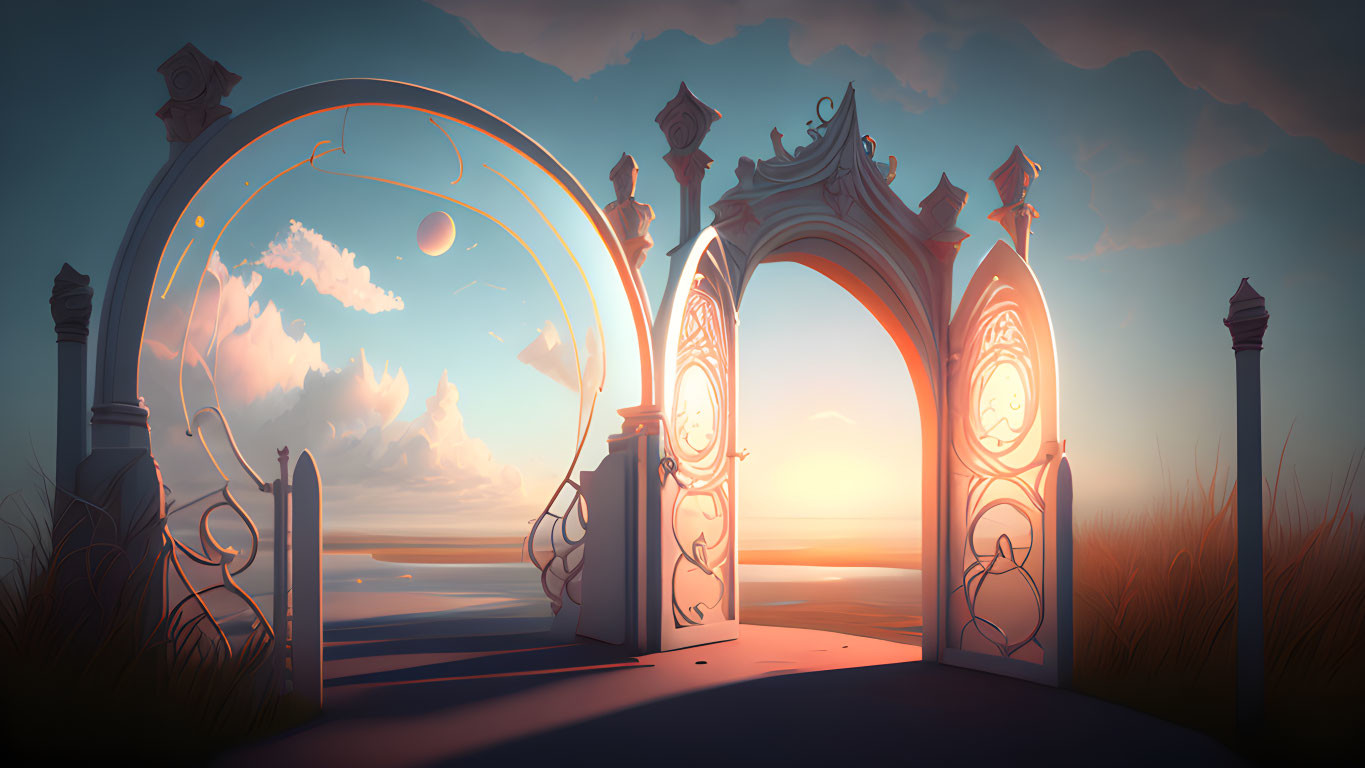 Ornate gate leading to serene beach at sunrise