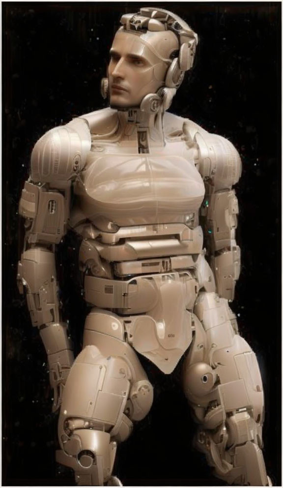 Detailed humanoid robot with intricate mechanical design and human-like face.