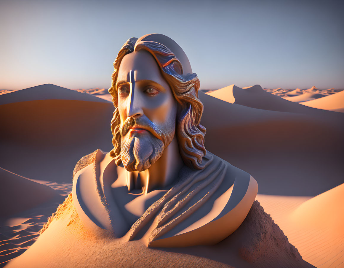 Serene bearded male figure in 3D illustration with desert background