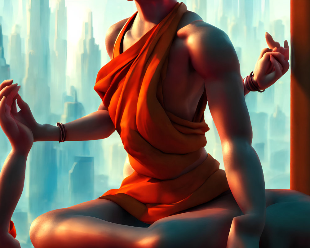 Person meditating in lotus pose with orange cloth in front of futuristic skyscrapers.