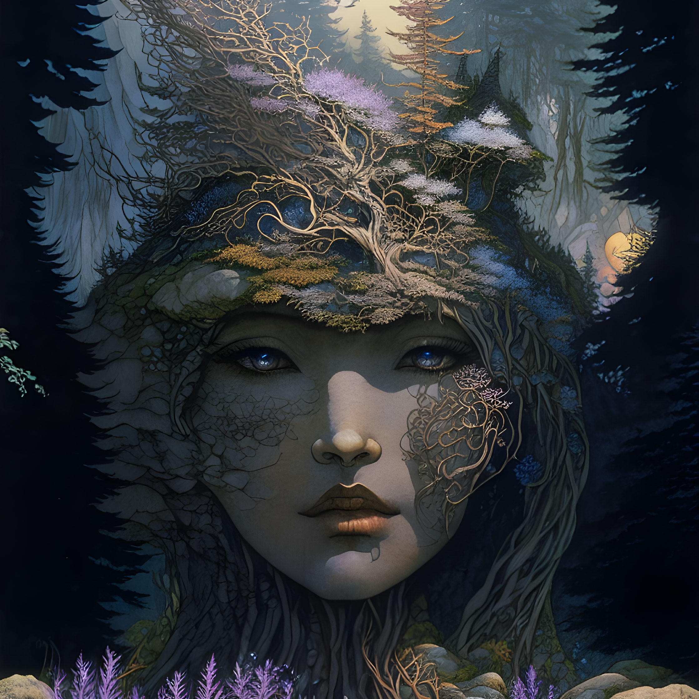 Female face intertwined with forest elements: foliage, branches, wildlife fusion