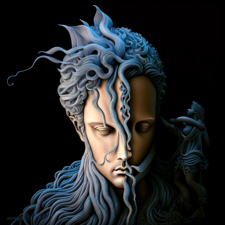 Surreal digital artwork: Two profile faces with intricate intertwined hair