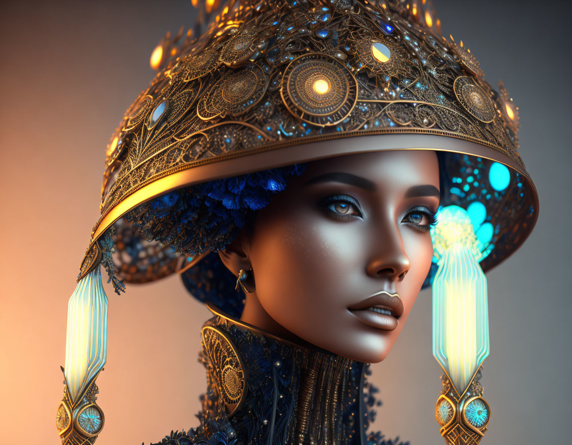 Digital art portrait of woman with golden headdress and blue accents