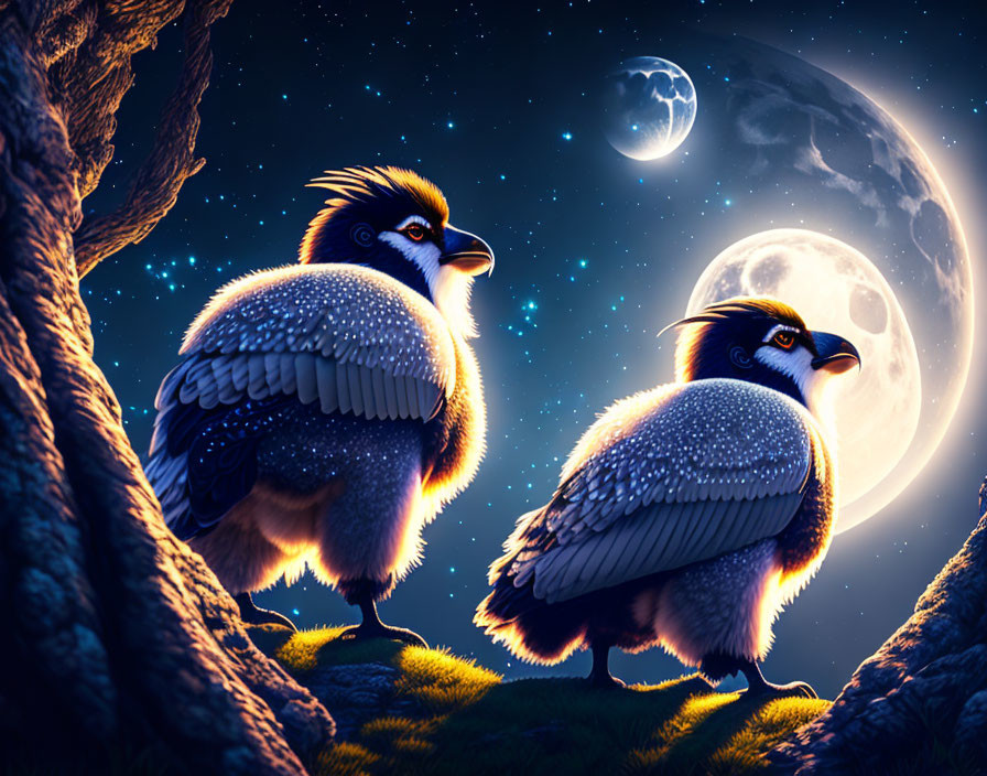 Stylized fantastical birds under moonlit sky with tree trunks.