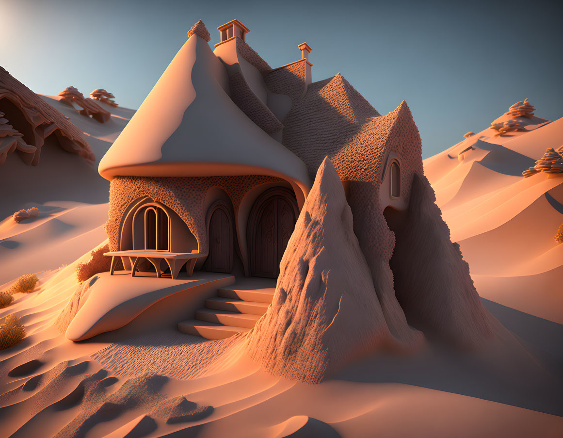 Curved roof house with chimneys in snowy sunset landscape