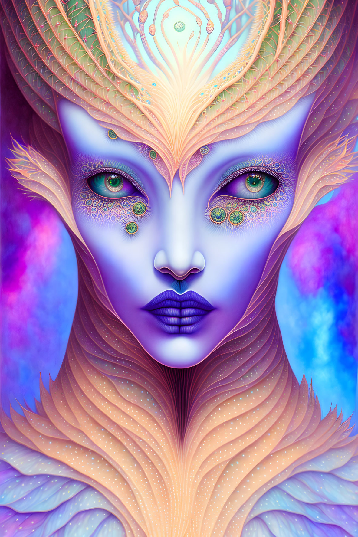 Extraterrestrial portrait with blue-purple skin and golden facial patterns