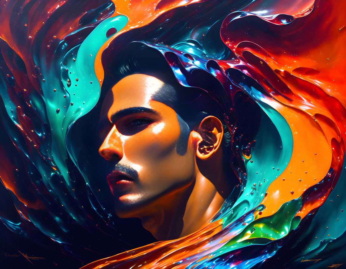 Male figure in dynamic swirl of multicolored liquid textures