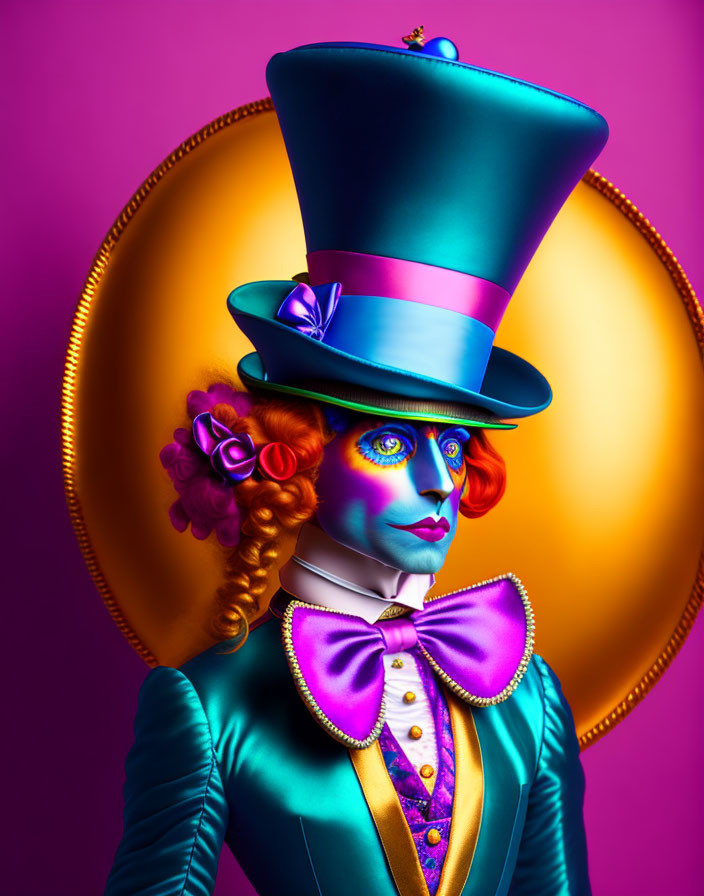 Colorful Person in Tall Hat with Vibrant Makeup and Blue Suit against Golden Circle